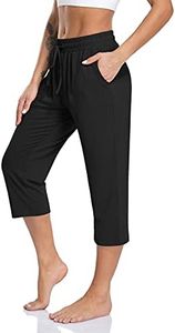 TARSE Women's Capri Yoga Pants Loose Soft Drawstring Workout Sweatpants Causal Lounge Pants with Pockets, Black Capris, Large