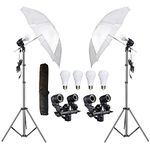 HIFFIN E27 Studio Double Holder KIT Umbrella White + Studio Light Stand 9 FT+ Umbrella and Bulb Holder KIT Set of 2 (2 Double Holder,2 Light Stand 9FT,2 Umbrella, 4 20 W LED Bulb)