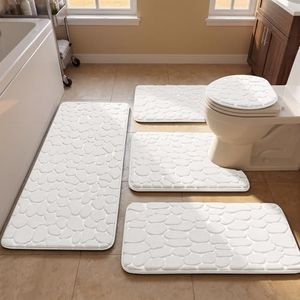 YIHOUSE Bathroom Rugs Sets 5 Piece, Cobblestone Memory Foam Bathroom Mats Set Extra Thick, Non Slip Bath Mats for Bathroom, Water Absorbent, Washable White Bath Rugs for Tub, Toilet and Floor