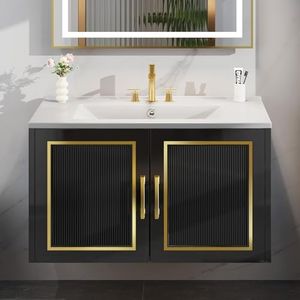 YITAHOME 30 Inch Bathroom Vanity with Sink Combo, Floating Bathroom Vanity with 2 Soft-Closing Cabinets, Wall Mounted Modern Bathroom Storge Includes Countertop, Gold Metal Handle, Black