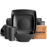 Teivio 16-Piece Kitchen Reusable Plastic Square Dinner Set, Service for 4, Dinner Plate, Dessert Plate, Cereal Bowl, 20 oz Cup, Unbreakable Plastic Plates and Bowls Set, Outdoor Camping Dishes, Black