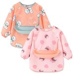 Happy Cherry 2 Pcs Baby Waterproof Feeding Bibs Toddler Long Sleeve Weaning Bibs with Detachable Silicone Boys Soft Dribble Bibs Girl Apron Anti-Dressing Smock 1-2 T