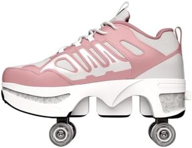 LDRFSE Roller Skate Shoes for Women Men, Double-Row Deform Quad Roller Skates, Automatic Walking Shoes Detachable Roller Skate for Girls Boys, Outdoor Skate Shoes for Beginners Pink