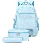 H HIKKER-LINK Kid's Backpack for Girls School Bookbags Children Bags Set Lunch Bag Pencil Case 3PCS (Floral-Blue)