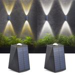 2 Pack Solar Wall Light UP and Down,60 Ultra High Lumens 2 Led Illuminate Outdoor Lamp IP65 Waterproof Patio Wall Light Fixture, Solar Exterior Lights for House Garage Garden Yard Porch (White/Warm)