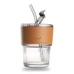 Kamvy Ribbed Glass Tumblers with Lid and Straw 400ml Pack of 1 Drinking Glasses Water Glass Ice Coffee Sipper Mug with Leather Sleeve Cup Home & Travel (Black Stripe)