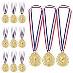 Gold Medals for Children, CJBIN 12 Pieces Winner Kids Medals with Trophies Carving Pattern, Awards Metal Medals with Ribbons for Sports, Football, Party, Olympic Style (Gold)