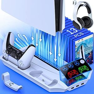 DinoFire PS5 Stand with PS5 Fan, PS5 Stand for PS5 Disc/Digital Edition, 13 Games Storage/PS5 Controller Charging Station/PS5 Remote Control Solt/3 USB Hub, PS5 Accessories for Playstation 5 Console