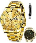 OLEVS Gold Mens Watches Stainless Steel Classic Dress Quartz Waterproof Luminous Luxury Big Face Casual Date Wrist Watches Moon Phase Multifunction Chronograph