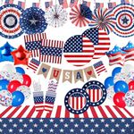 4th of July Decorations,298PCS Patriotic Decorations(Serves 25) Includes 4th of July Plates and Napkins Sets, Cups,Tablecloth,Paper Fans,Flags,Balloons and Cutlery for Red White and Blue Decorations