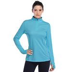 HISKYWIN Womens UPF 50+ Sun Protection Tops Long Sleeve Half-Zip Thumb Hole Outdoor Performance Workout Shirt, Lake Blue, Medium