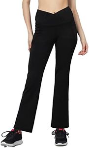 Rock Paper Scissors Premium Flare Gym Pants High Waist Stretchable Flared Leggings with Pockets & Cross Belt Gym wear/Active Wear Tights Yoga Pants Zumba/Dance Womens Workout Tights Gym Tight Black
