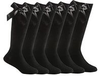 Back to School Six pairs Girls knee high socks with Bow, Cotton rich long socks with bow (10-13 yrs, Black)
