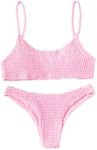 Verdusa Women's 2 Peices Textured Bathing Suit Smocked Wireless Bikini Bandeau Top Thong Swimsuit Pink M