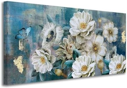 Arjun Flowers Canvas Wall Art White Elegant Modern Picture Gold Foil Rustic Painting Colorful Turquoise Floral Large Teal Artwork for Living Room Bedroom Bathroom Dining Room Home Office Decor 40"x20"