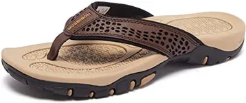 KIIU Mens Thong Sandals Indoor and Outdoor Beach Flip Flop Brown/Khaki, 13 Men