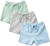 Teach Leanbh Unisex-Baby 3-Pack Cotton Soild Color Short with Drawstring 3-24 Months, Green/Gray/Blue, 3-6 Months