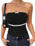 GLARE & BLAIR Slim Fit Solid Women Lace Trim Bow Front Tube Crop Top (Small, Black)