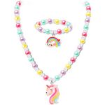 Yaomiao Girls Rainbow Necklace Unicorn Bracelet Set, 2 Pieces Colorful Crystal Beaded Necklace Unicorn Charm Bracelet for Children Pretend Costume Dress Up (Pastoral Style)