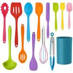 LIANYU 14 Pcs Cooking Utensils Set with Holder, Silicone Kitchen Cookware Utensils Set, Heat Resistant Cooking Gadget Tools Includes Spatula Spoon Turner Whisk Tong, Dishwasher Safe, Colorful