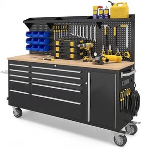 MUWOOD 72" Rolling Tool Chest, Heavy-Duty Tool Box with Power Outlet, Tool Cabinet, Rubber Wood Workbench with Key Locking System Drawer Liners for Garage Warehouse Repair Shop