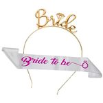 Curated Cart 2 Pc Set - Pink Bride to Be Curved Satin Sash With Rhinestone Crown Tiara Set -beautiful Bride to Be -spinsters Decoration Bride to Be Set (Bride Headband and Sash - White)