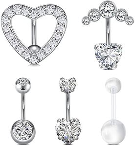 WillTen 14G Plata Piercing Ombligo Invertida Piercing Vientre Acero Inoxidable 10MM Piercing Ombligo Mujer Corazón Diamante Joyería Piercing