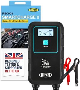 RING SMARTCHARGE 8A Car Charger & Maintainer With Crocodile Clips & Built-In Hanging Hook - Compatible With Lithium Ion, Lead Acid, Gel, Calcium, EFB & AGM Batteries