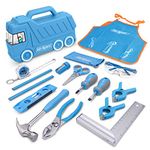 Hi-Spec 17 Piece Kids Tool Kit with Blue Truck Tool Box, Kids Apron with Pockets, Level, REAL Small Size Hand Tools, Safety Scissors DIY Construction Educational Childrens Tool Set. Gift for Boys