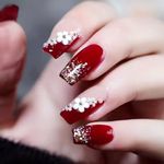 Gloss & Go 24 Reusable Artificial Fake Nail Set| Maroon Color With 3D White Flower Nails With Golden Glitter Glossy Nails| Lightweight & Long Lasting| Quick Fix For Festivals & Special Occasions