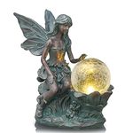 TERESA'S Collections Fairy Garden Statues with Solar Outdoor Light for Outdoor Decor, Fairy Garden Decor Sculptures with Crackle Glass Globe, Gifts for Mom Mother Day Balcony Porch Yard Decor, 11.8"