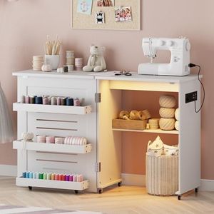 HNEBC Smart Folding Sewing Table - with LED Lights & Motion Sensor, Craft Table with 2 AC Outlets & USB Ports, Compact Sewing Machine Desk with Storage Shelves and 6 Wheels for Home(White)
