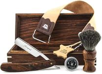 Haryali London Shaving Brush Set - Vintage Collection - 5pc Luxury Mens Shaving Set - and Women - Black Badger Shaving Brush - Straight Razor - Leather Strop - Honing Paste - Classic Wooden Box