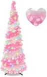 5FT Pop Up Christmas Tree with 90 Colorful LED Lights 8 Modes Tinsel Artificial Christmas Tree Collapsible Pencil Small Christmas Tree for Indoor Home Holiday Christmas Party Decorations(White Pink)