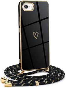 Mkej Funda para iPhone SE 2020 con Cuerda, TPU Suave Silicona diseño de corazón con Chapado en Oro de Lujo, Funda iPhone SE 2020 Cuerda para Mujeres y niñas