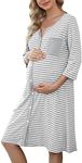 Marvmys Maternity Nightdress For Hospital Breastfeeding Nightwear 3/4 Length Sleeves Nursing Nightgown Button Down Sleep Shirt V Neck Pajama Soft Loungwear For Pregnant Women A-Light grey L