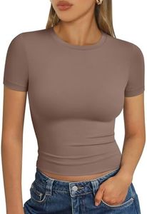 Trendy Queen Womens Basic T Shirts Scoop Neck Short Sleeve Crop Tops Slim Fit Summer Tees Y2k Clothing 2025 Coffee Grey XL