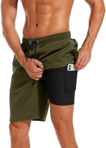 difficort Mens Swimming Trunks with Compression Liner Quick Dry Swimwear Beach Shorts with Zipper Pockets,Army Green,Large