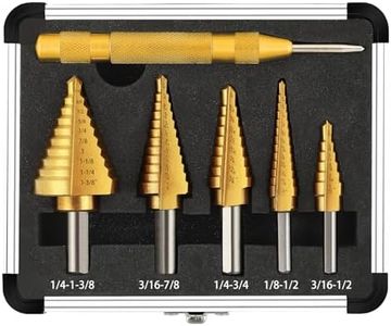 COMOWARE Step Drill Bit Set 5-Piece Titanium-Coated with Automatic Center Punch HSS- Covering 50 Sizes, Complete with Aluminum Case