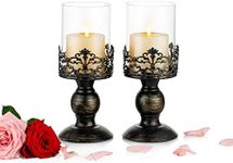 NUPTIO Vintage Candle Holders for Tables Black Pillar Candle Holder with Glass Screen Cover, Antique Hurricane Candlestick Display for Home Wedding Party Candlelight Dinner Decoration, 2 Pcs