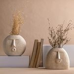 Glimpse Homes Ceramic Flower Vase | Set of 2 | Upbeat Face Vase 5.5 inches & Blowing Kiss Face Vase 6 inches (White, Raw Finish)