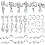 48 Pcs Dangle Nose Rings for Women Nose Piercings Jewelry with Charm L Shape Nose Studs Hoops Stainless Steel Indian Nose Rings for Women(Silver)