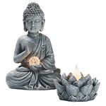 TERESA'S COLLECTIONS Garden Ornaments Outdoor, Meditating Buddha Statue with Solar Light Lotus Set of 2, Waterproof Resin Ornaments, Garden Decorations Gifts 38CM