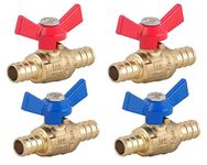 PEX Brass Ball Valve, 1/2-in PEX Lead Free Brass Shut Off Ball Valve with Red & Blue T (Butterfly) Handle, PEX Barb Water Valve with cUPC Certified for Cold and Hot Water (4-Pack)