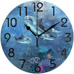 Naanle 3D Underwater World Happy Dolphins Family Print Round Wall Clock Decorative, 9.5 Inch Battery Operated Quartz Analog Quiet Desk Clock for Home,Office,School