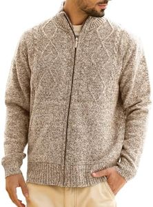 Les umes Mens Knitted Full Zipper Cardigan Fleece Lined Sweater Warm Stand Collar Jumper Coat with Pockets Beige M