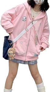 OATSBAS Kawaii Zip Up Hoodie Women Cute Cartoon Embroidery Oversized Pullover Sweatshirt Harajuku Kawaii Hooded Top, Pink-thick, Small