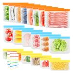 20 Pack Reusable Food Storage Bags 3 Sizes Reusable Freezer Bags Silicone Zip Lock Pouches Eco-Friendly Liquid Leakproof Clear With 2 Food Stickers for Keeping Sandwich Vegetables Fruit Grains Fresh