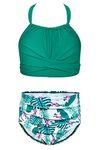 SHEKINI Girls Halter Bikini Set Floral Crisscross Front Kids Two Piece Swimsuits(Green Printing,8/10)