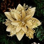 Yukiyi 12 Pieces 5.5 Inches Large Gold Christmas Flower Christmas Glitter Poinsettia Artificial Flowers Xmas Flower Heads Christmas Tree Decorations Xmas Decor Xmas Garland Wreaths DIY Supplies